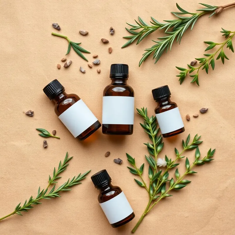 Plantaardige oliën in amberkleurige flesjes met verse kruiden