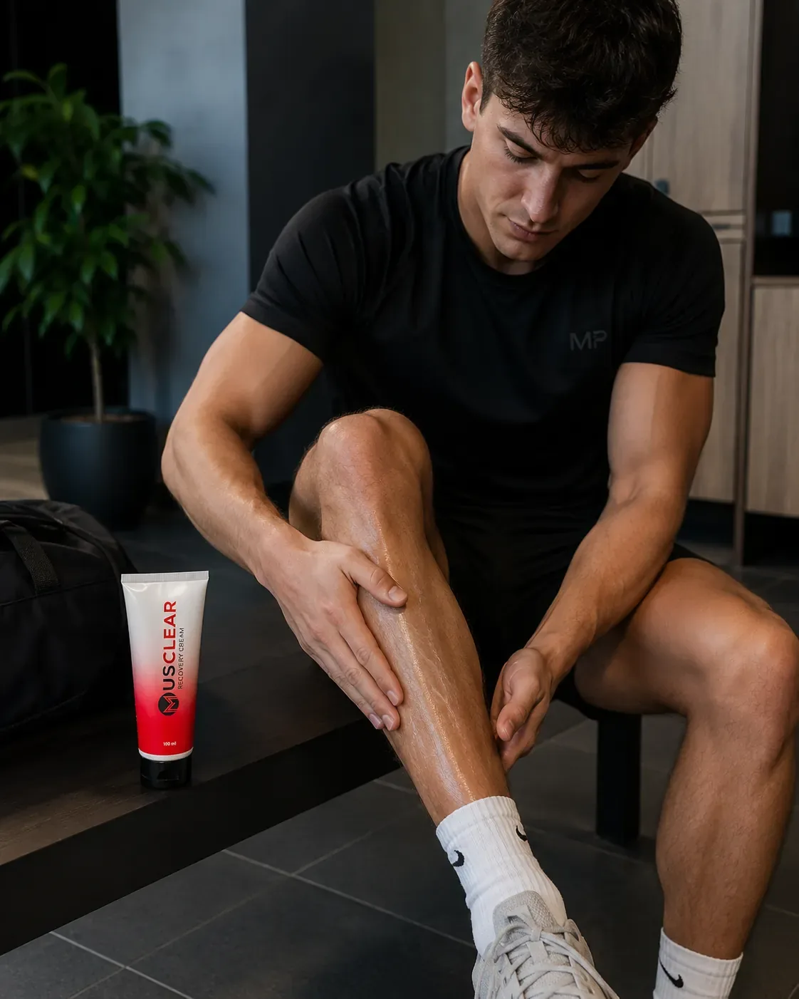 Sporter brengt Musclear Recovery Cream aan op zijn kuit na de training