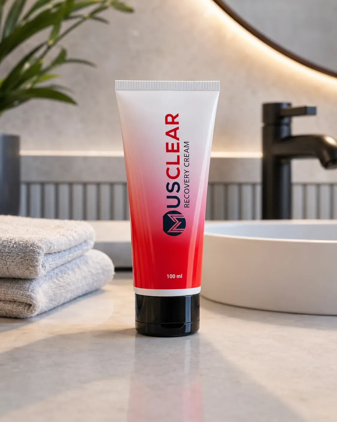 Musclear Recovery Cream op het badkamerblad — onderdeel van de dagelijkse verzorgingsroutine